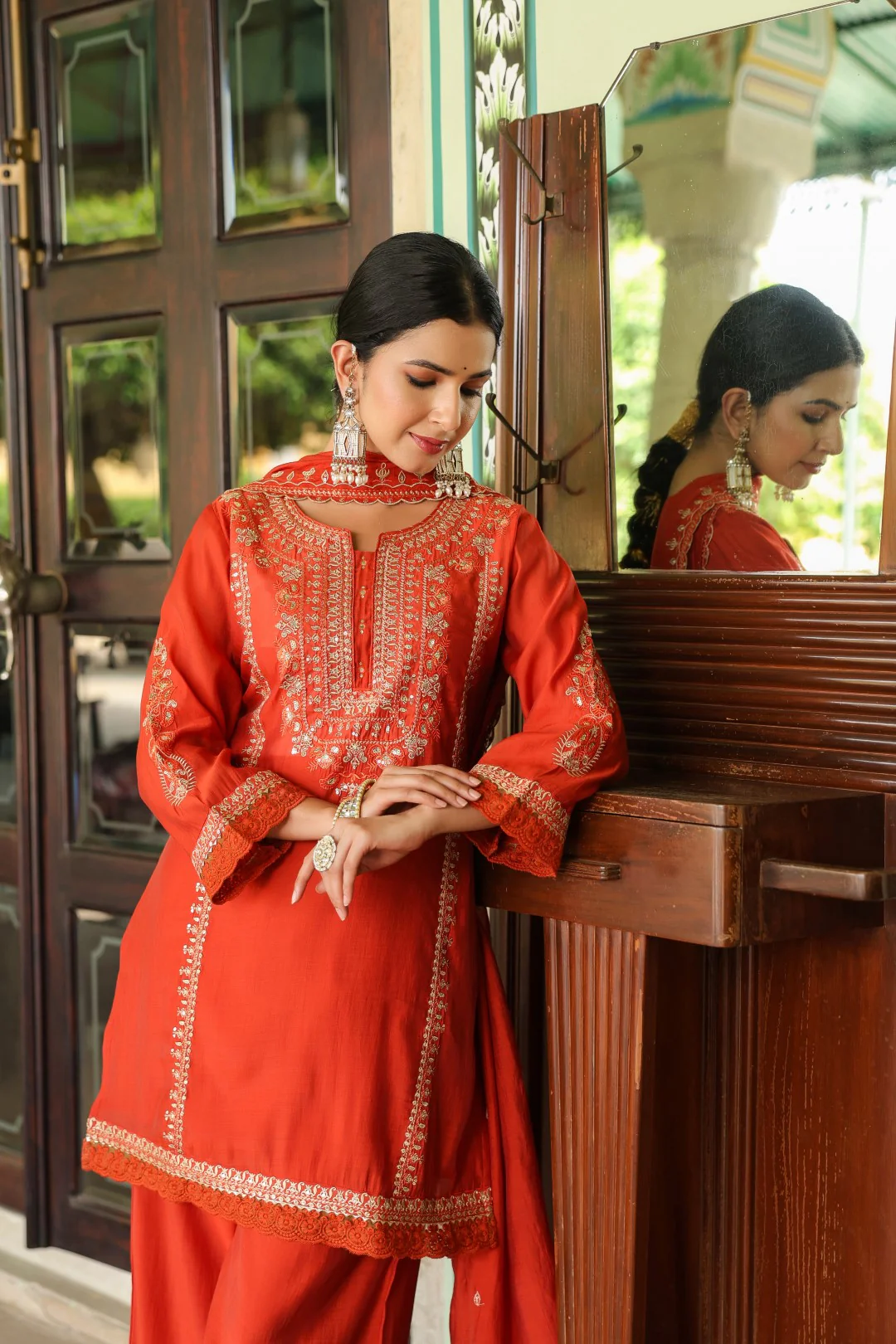 Okra Tangerine full work mul chanderi suit set - Image 13