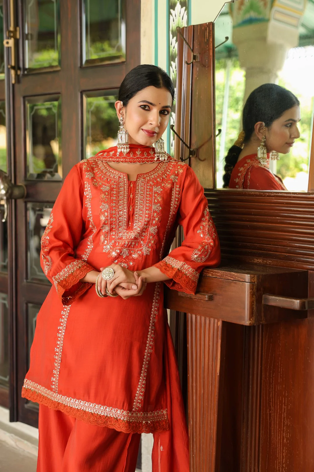 Okra Tangerine full work mul chanderi suit set - Image 14