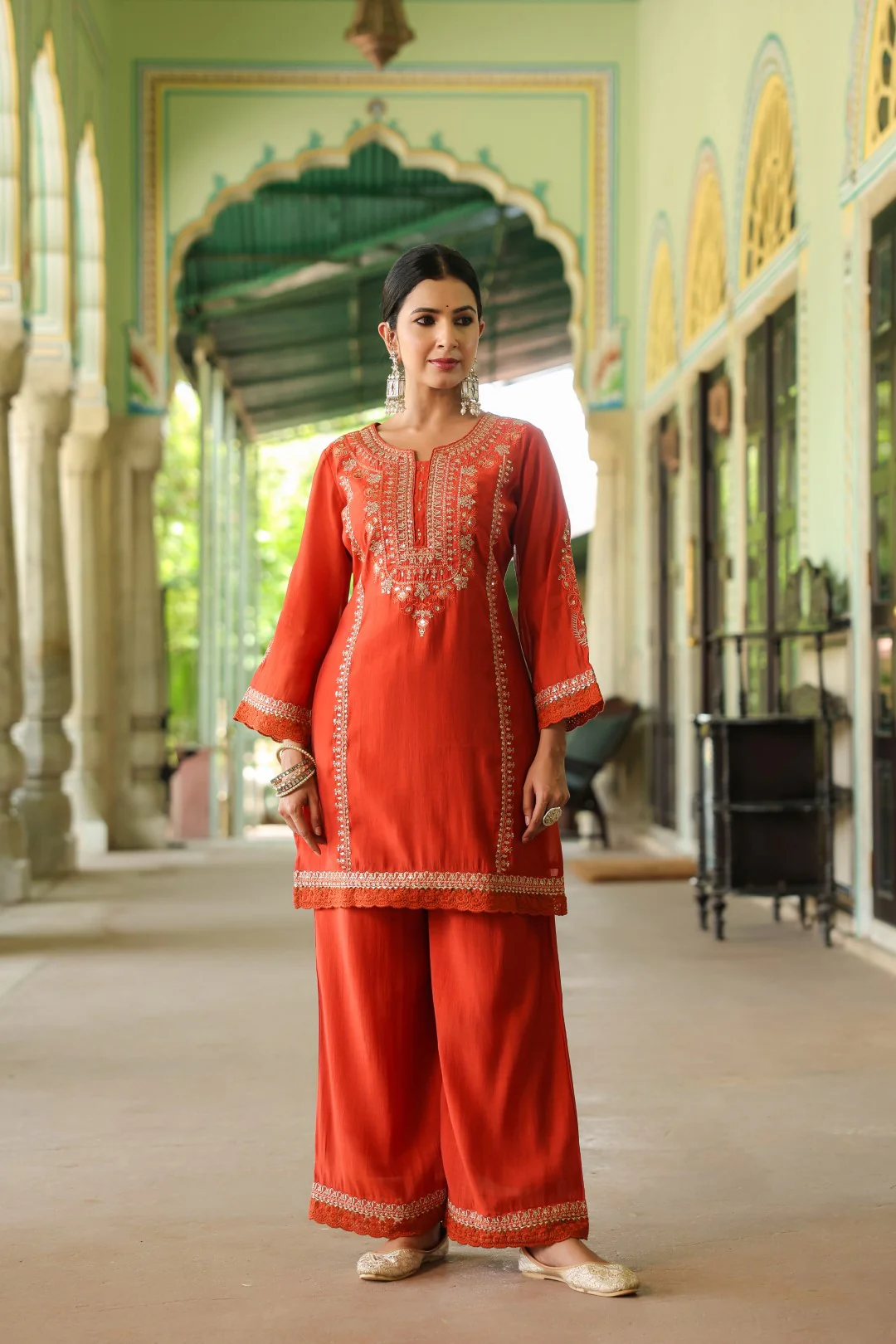 Okra Tangerine full work mul chanderi suit set - Image 17