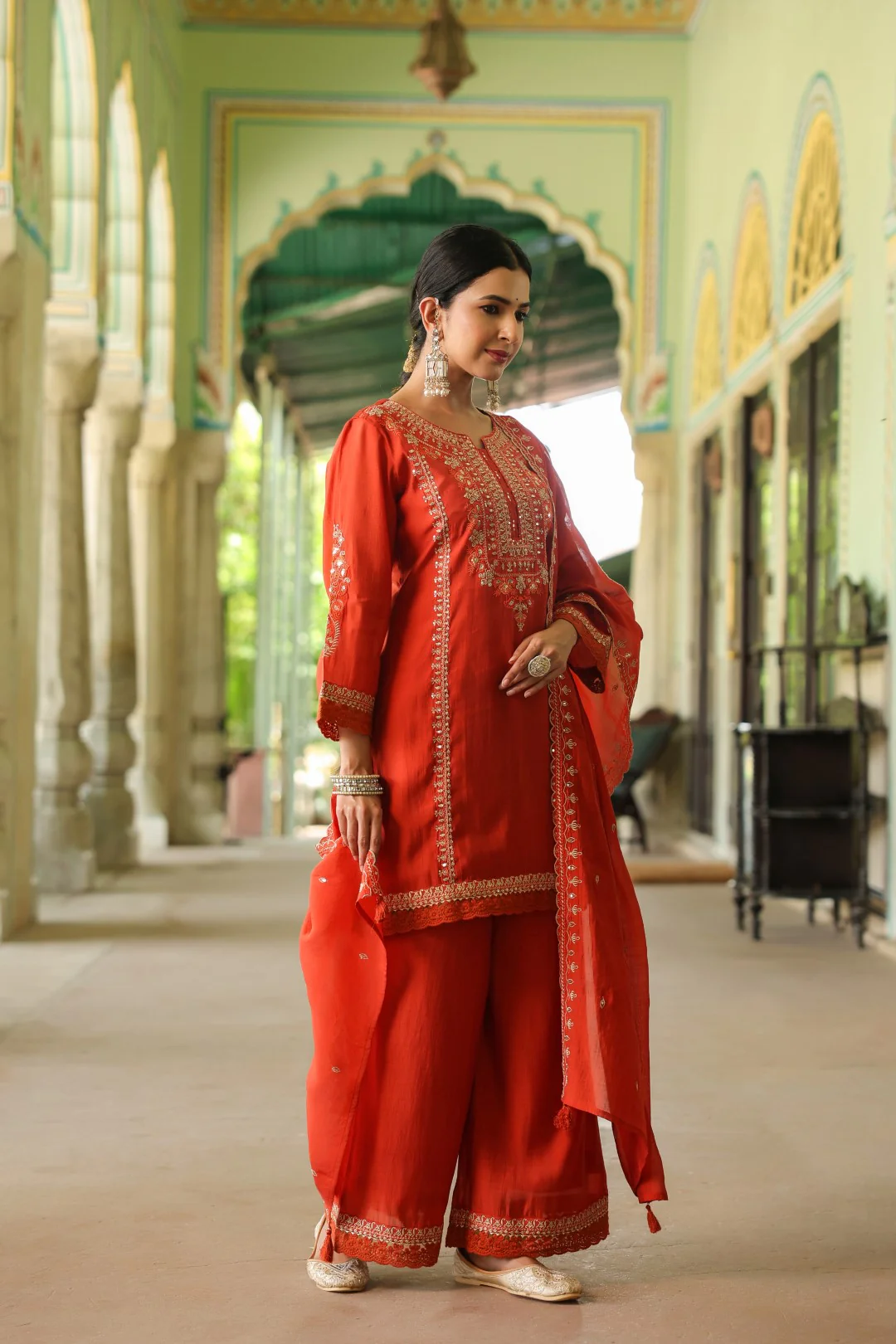 Okra Tangerine full work mul chanderi suit set - Image 4