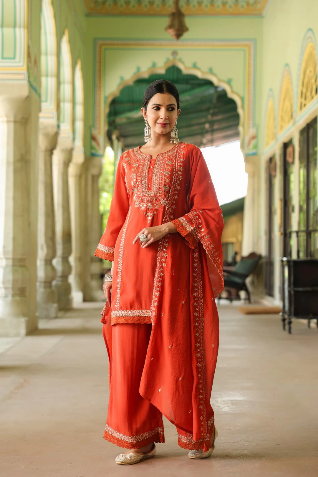 Okra Tangerine full work mul chanderi suit set - Image 5