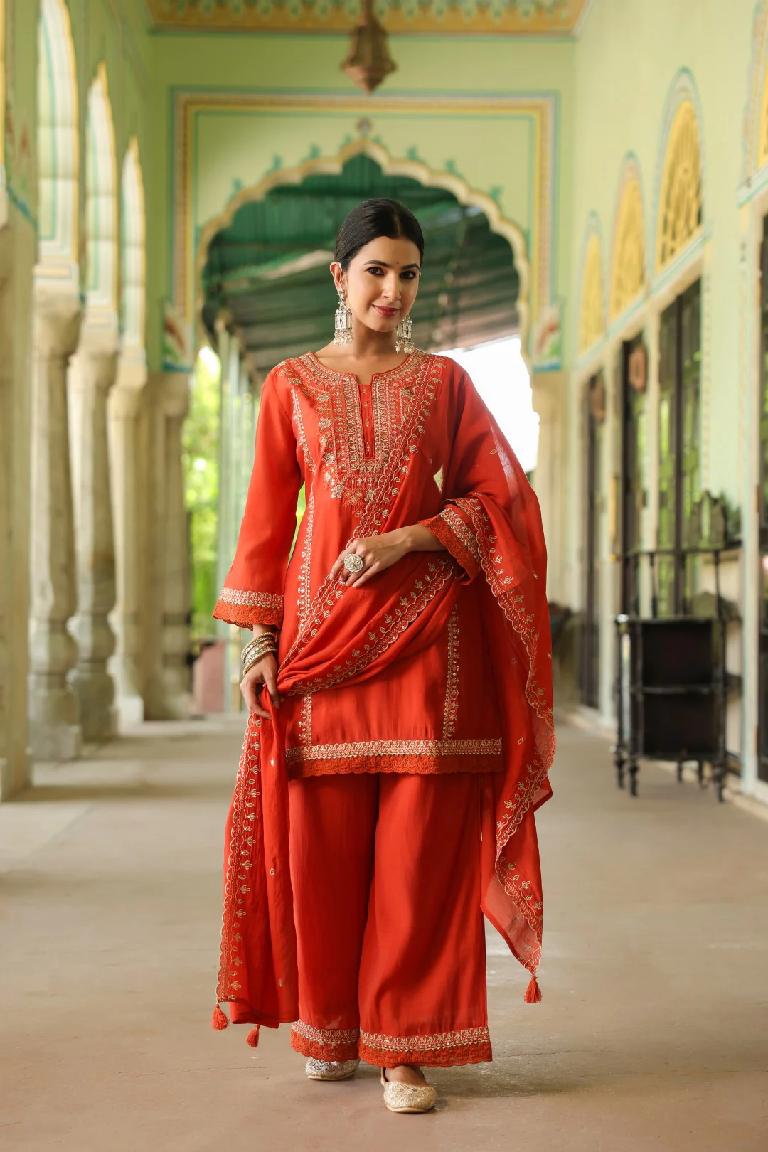 Okra Tangerine full work mul chanderi suit set - Image 6
