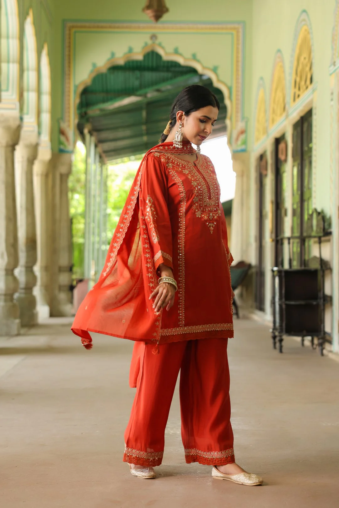 Okra Tangerine full work mul chanderi suit set - Image 7