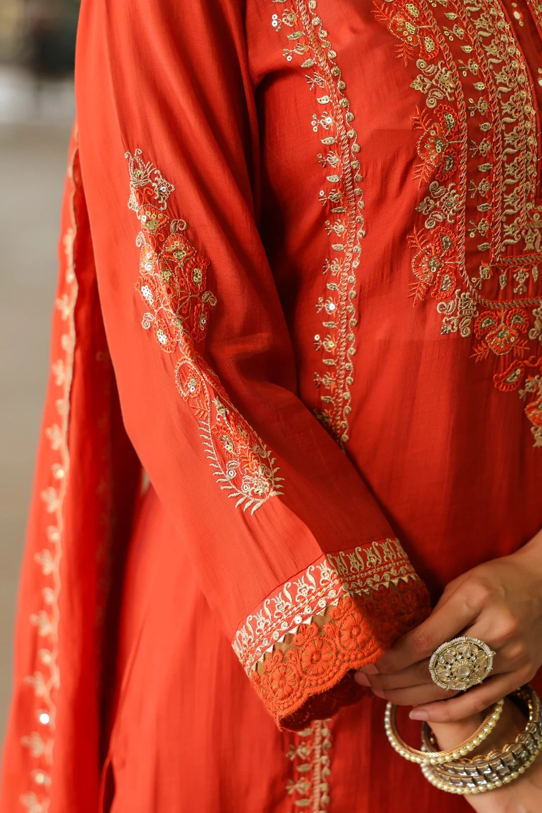 Okra Tangerine full work mul chanderi suit set - Image 9