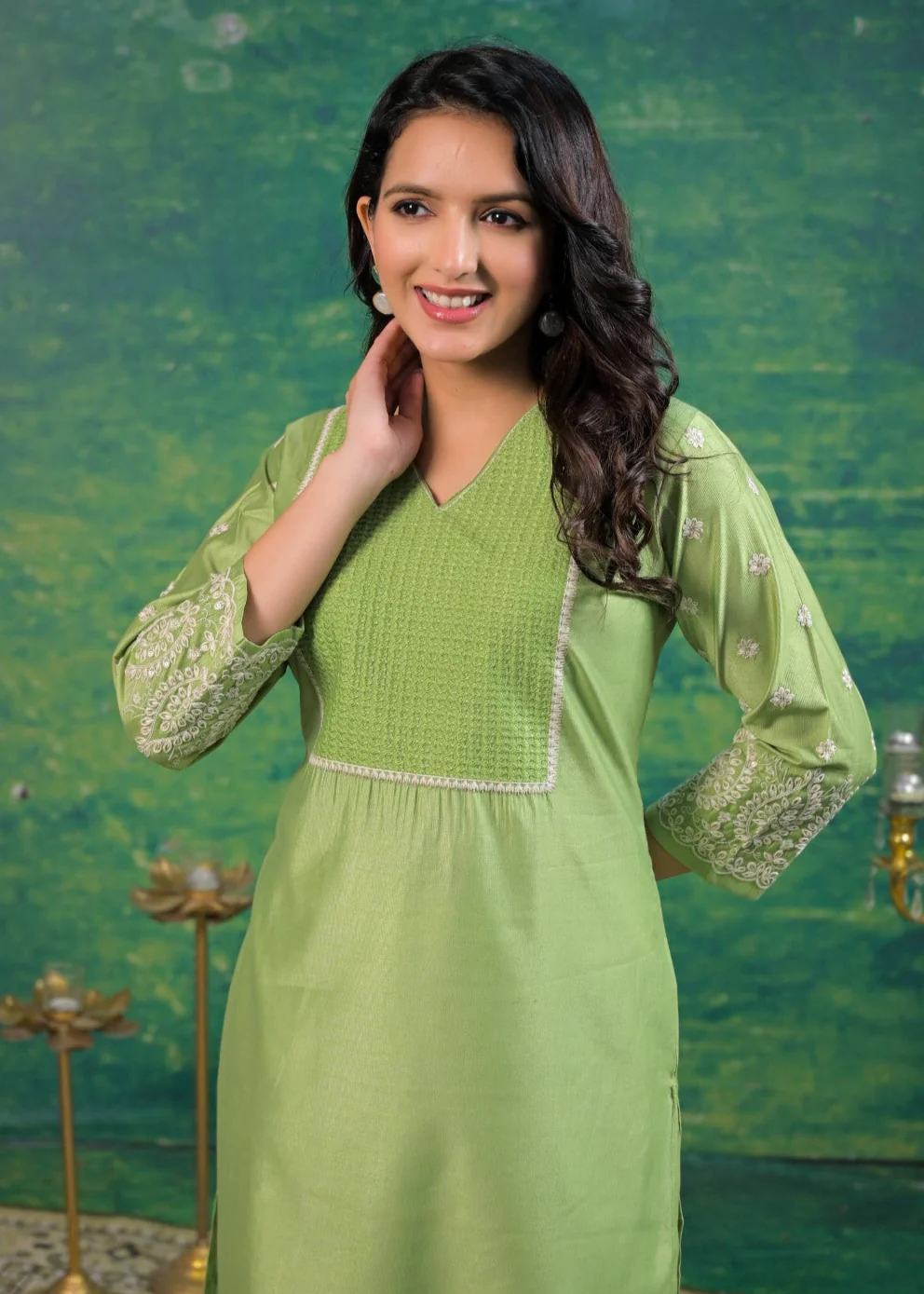 Sarvari Celery Embroidered Kurti - Image 2