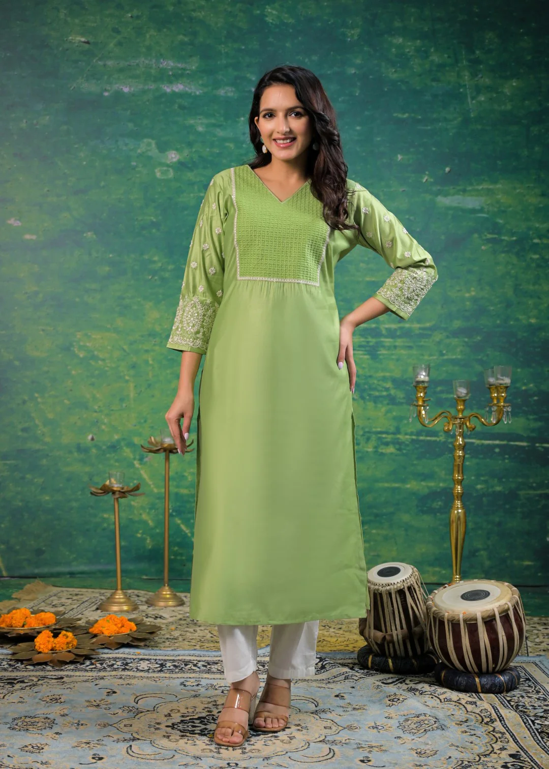 Sarvari Celery Embroidered Kurti - Image 5