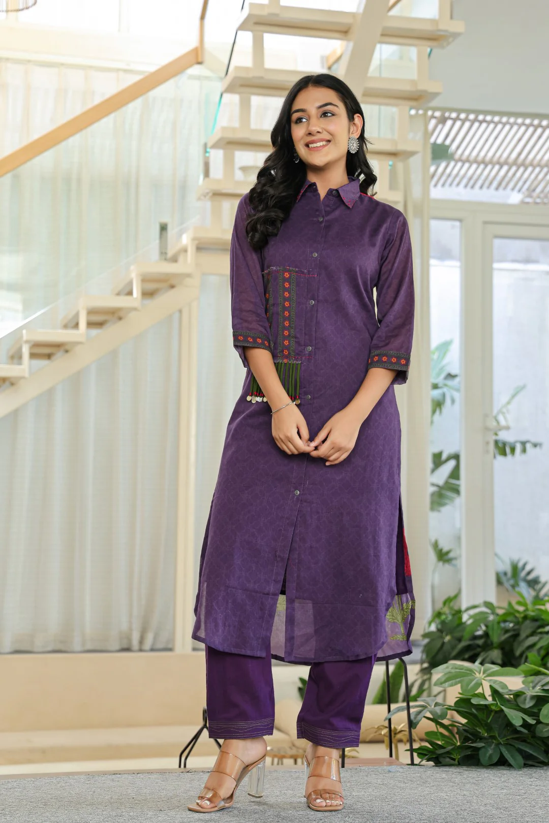 Tiara Plum Cotton Kurta Pant Set - Image 5