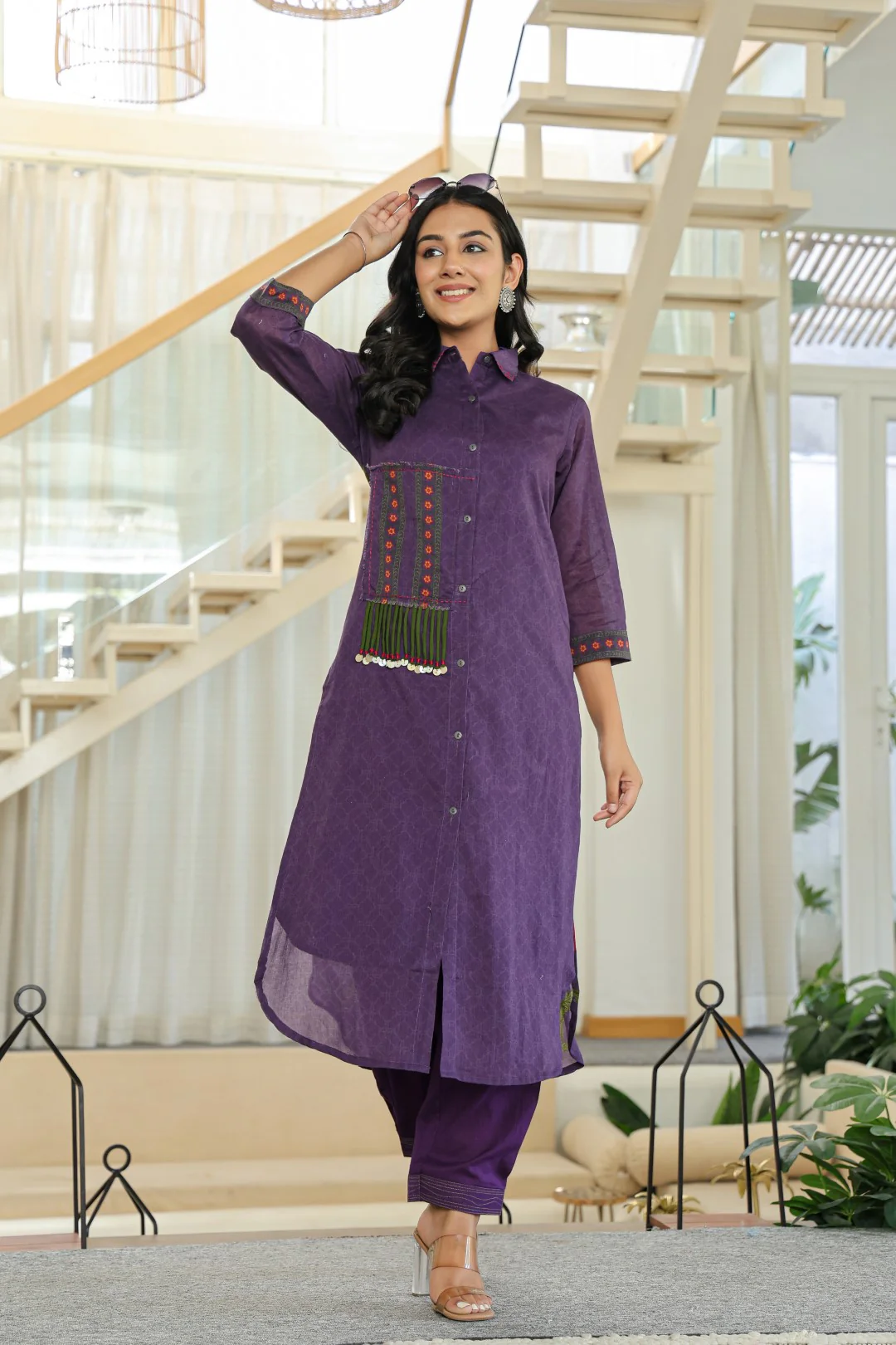 Tiara Plum Cotton Kurta Pant Set - Image 6