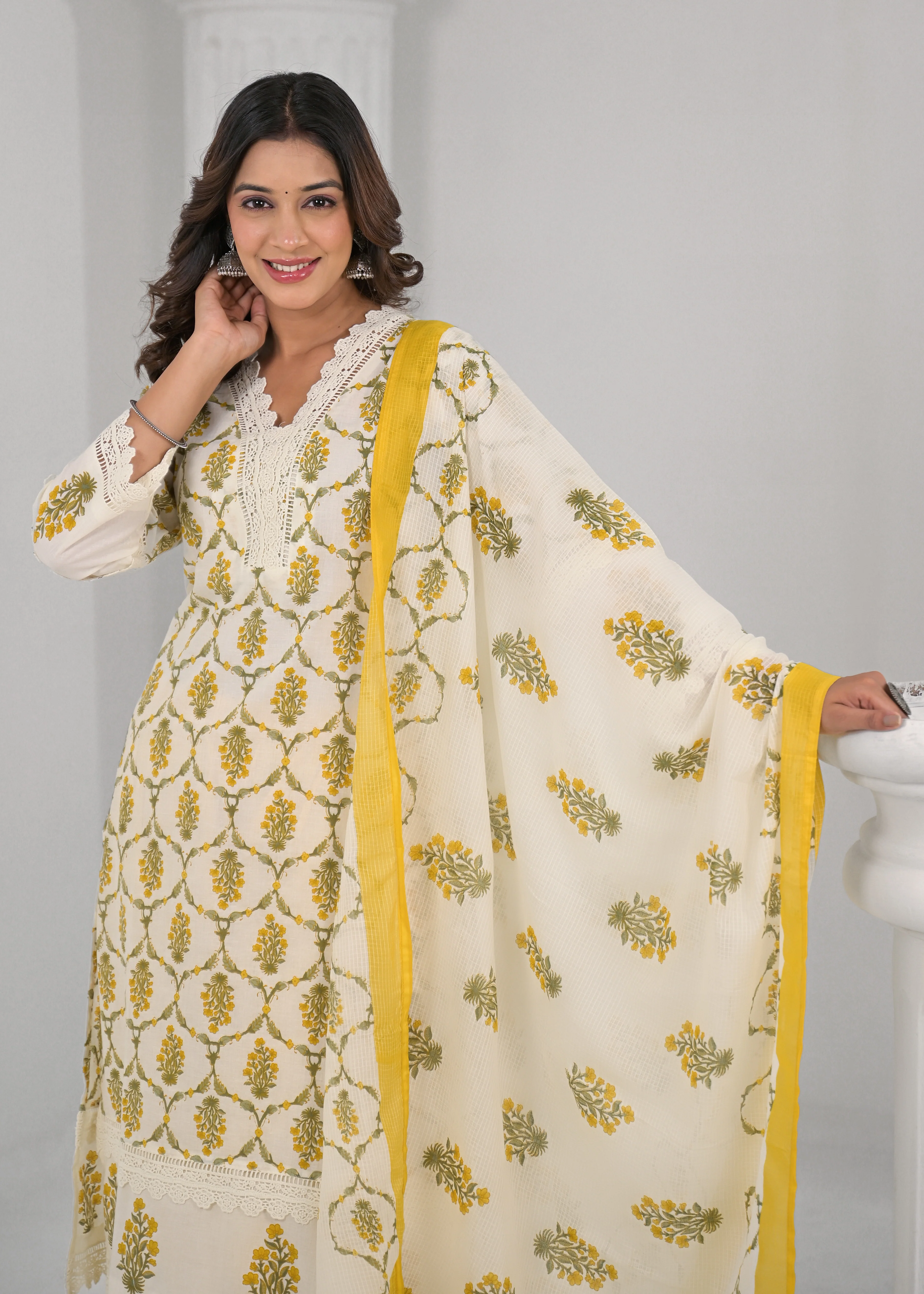 SAYESHA MUSTARD PRINTED COTTON SUIT SET - Image 2