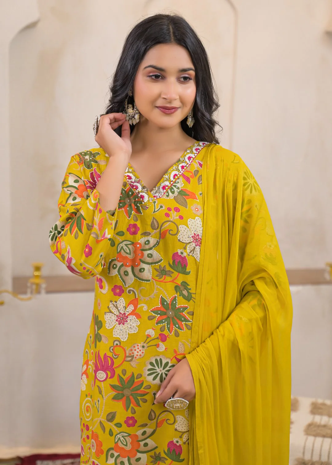 Shanti Canary Printed Work Suit Set - Image 2