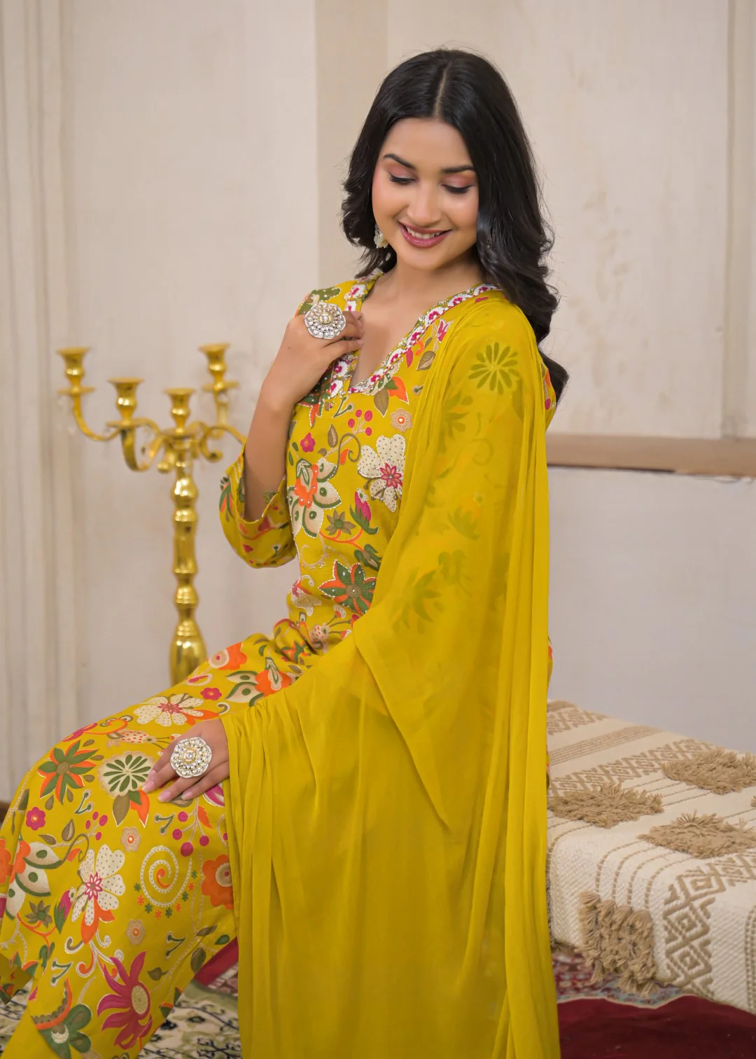 Shanti Canary Printed Work Suit Set - Image 6