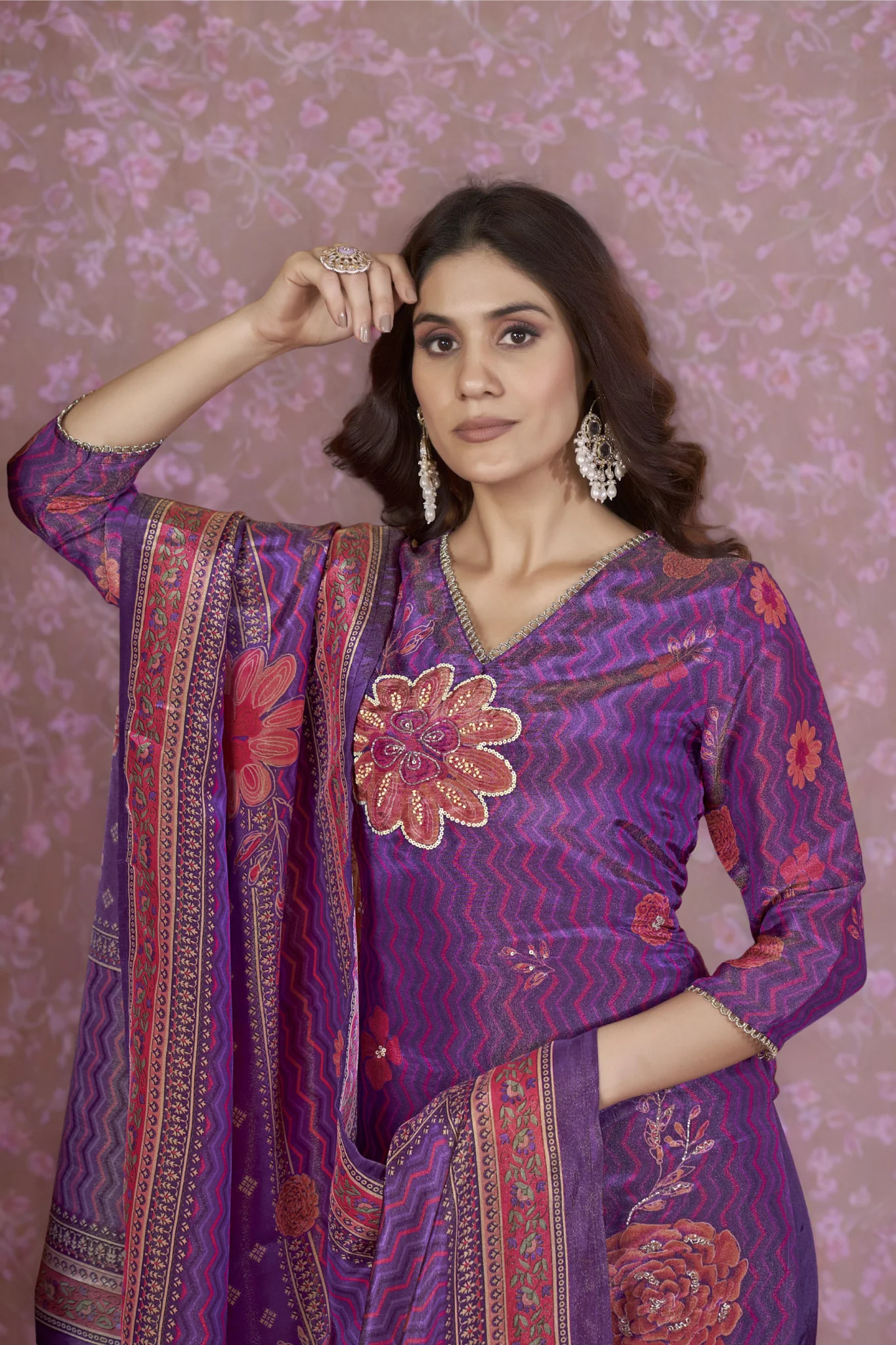 Malti Orchid Printed Shimmer Suit Set - Image 2