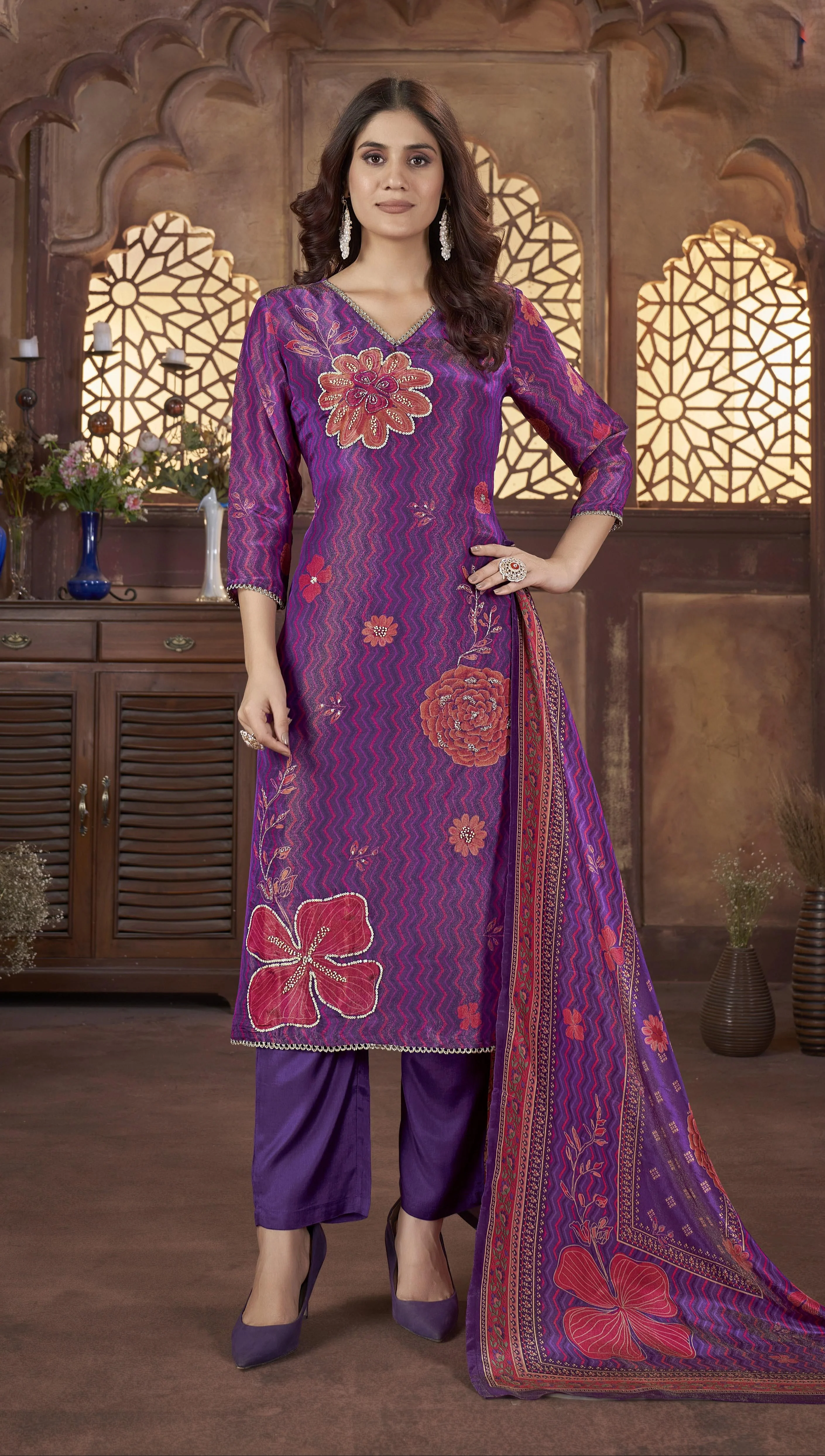 Malti Orchid Printed Shimmer Suit Set - Image 3