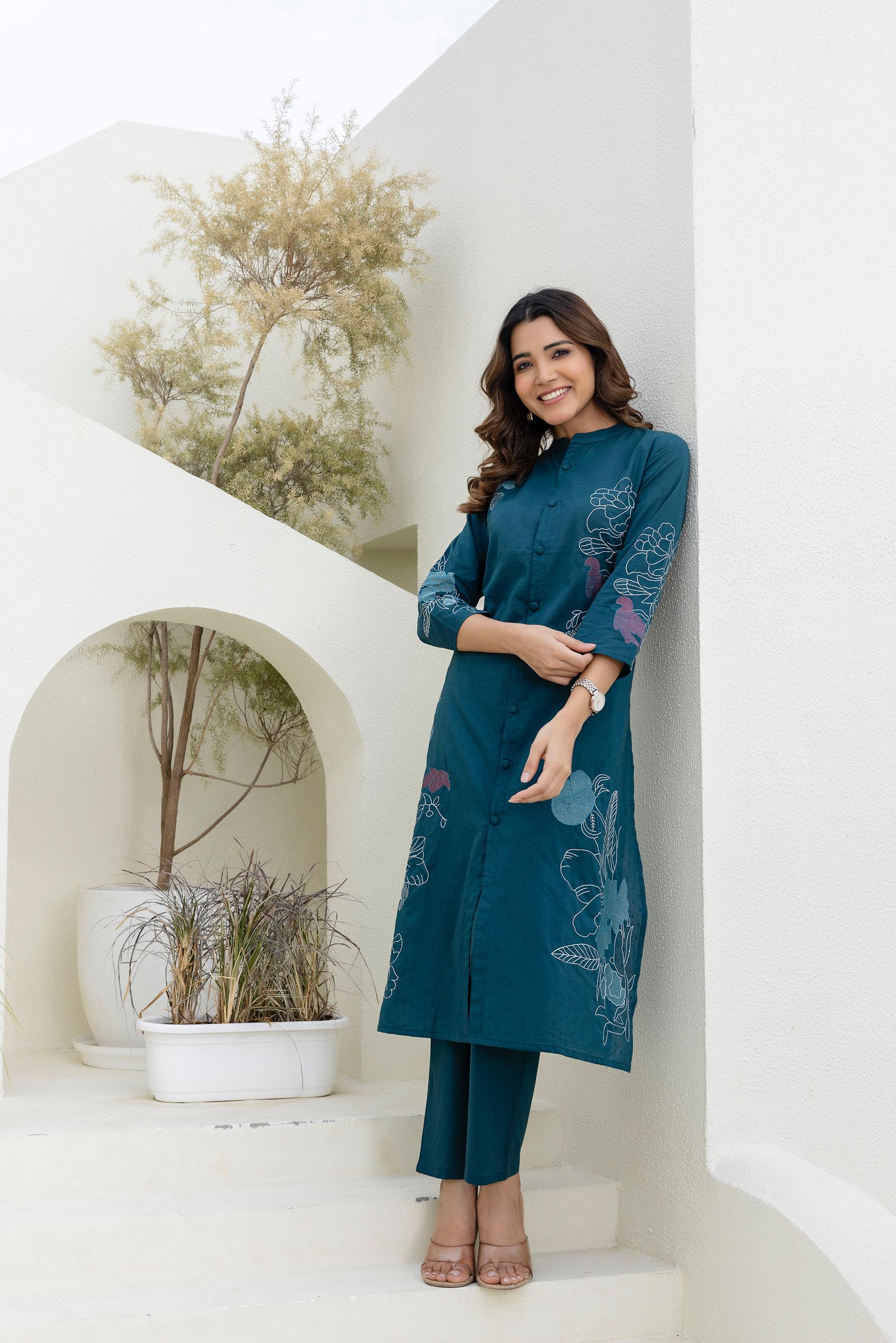 Mokabara Fern Embroidered Cotton Kurta Pant Set - Image 2