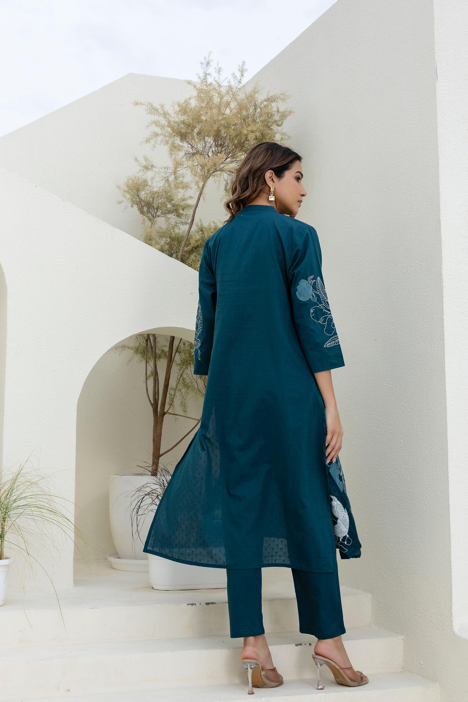 Mokabara Fern Embroidered Cotton Kurta Pant Set - Image 3