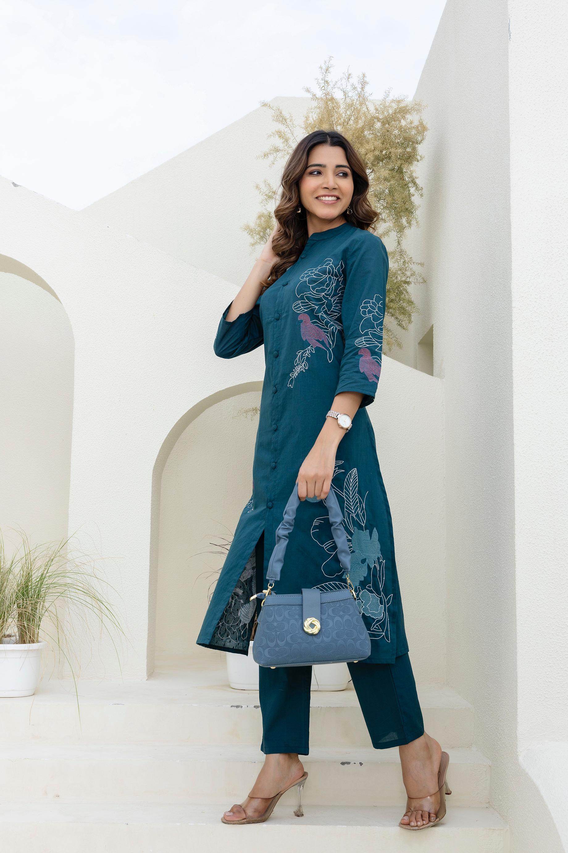 Mokabara Fern Embroidered Cotton Kurta Pant Set - Image 4