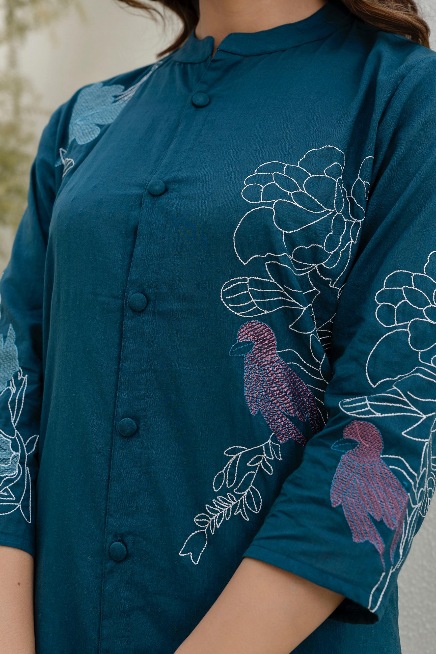Mokabara Fern Embroidered Cotton Kurta Pant Set - Image 7