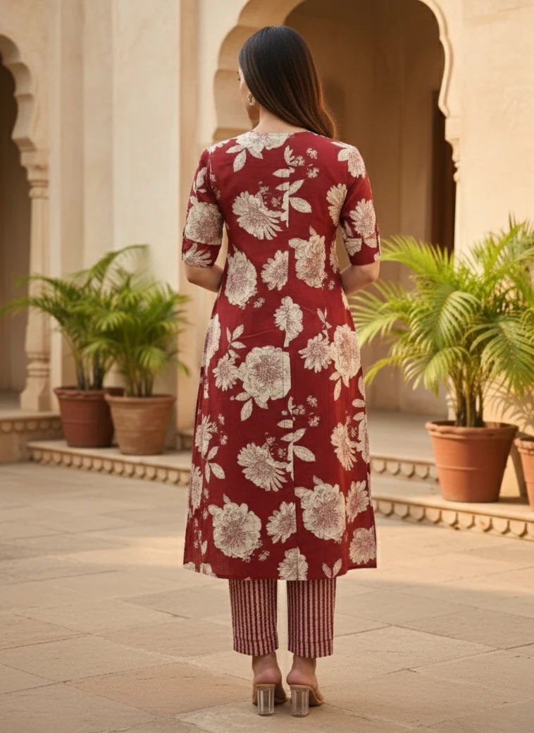 SNEHA SCARLET COTTON KURTA PANT SET - Image 3
