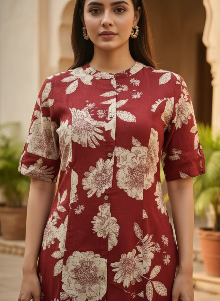 SNEHA SCARLET COTTON KURTA PANT SET - Image 4