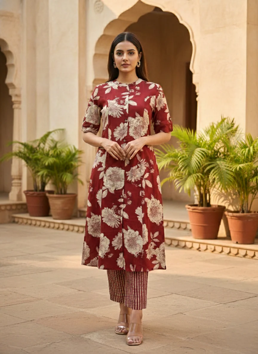 SNEHA SCARLET COTTON KURTA PANT SET - Image 5