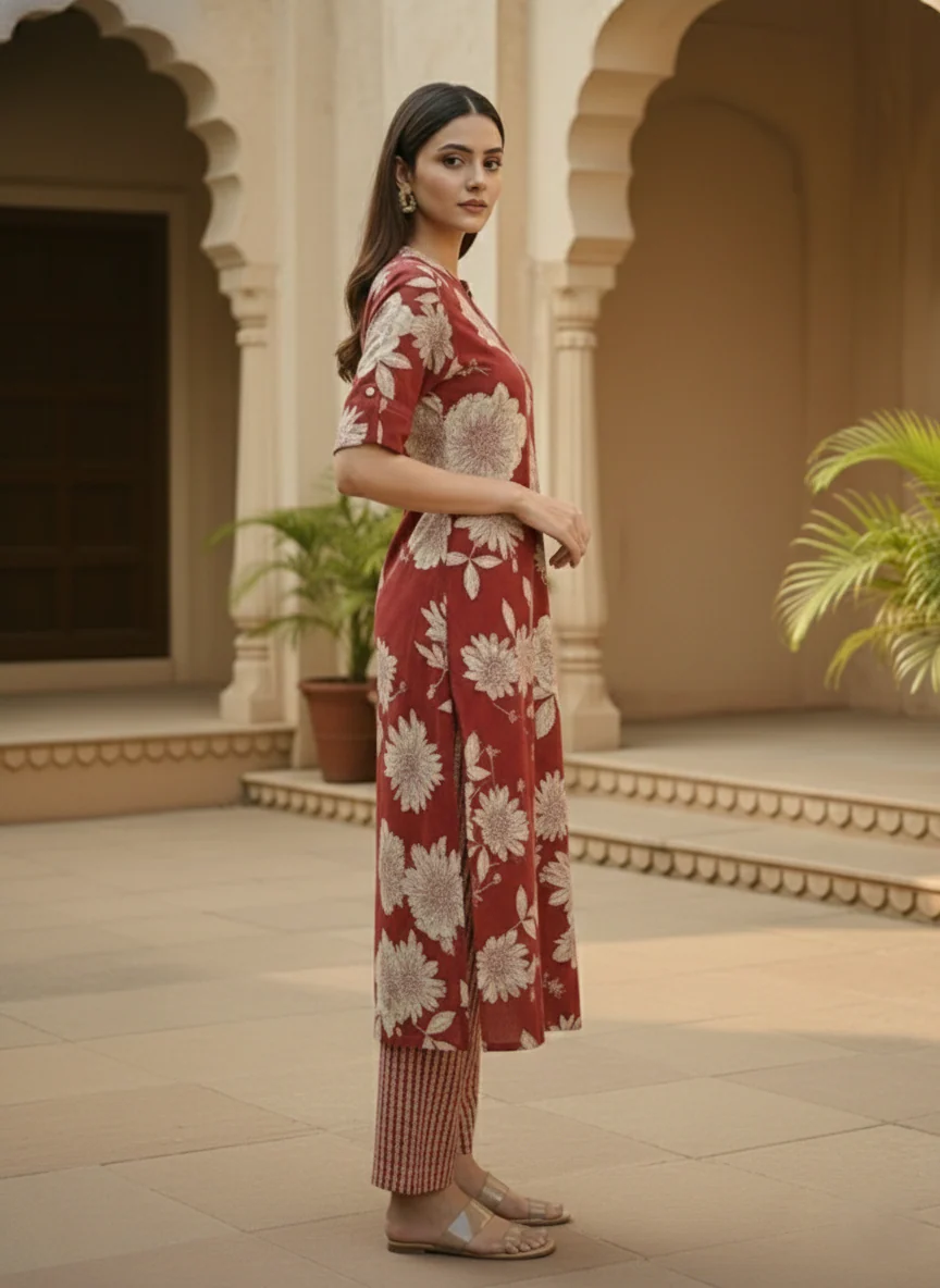 SNEHA SCARLET COTTON KURTA PANT SET - Image 6