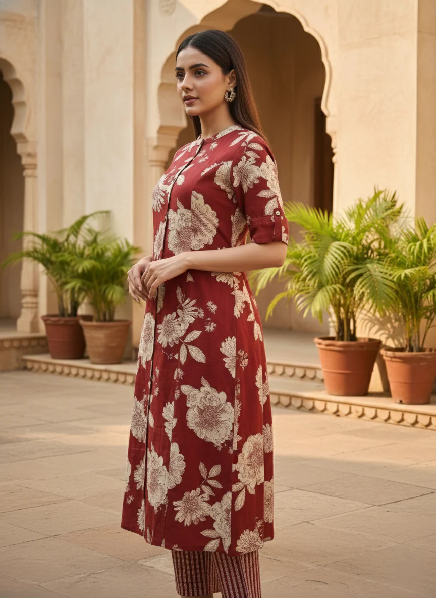 SNEHA SCARLET COTTON KURTA PANT SET - Image 7