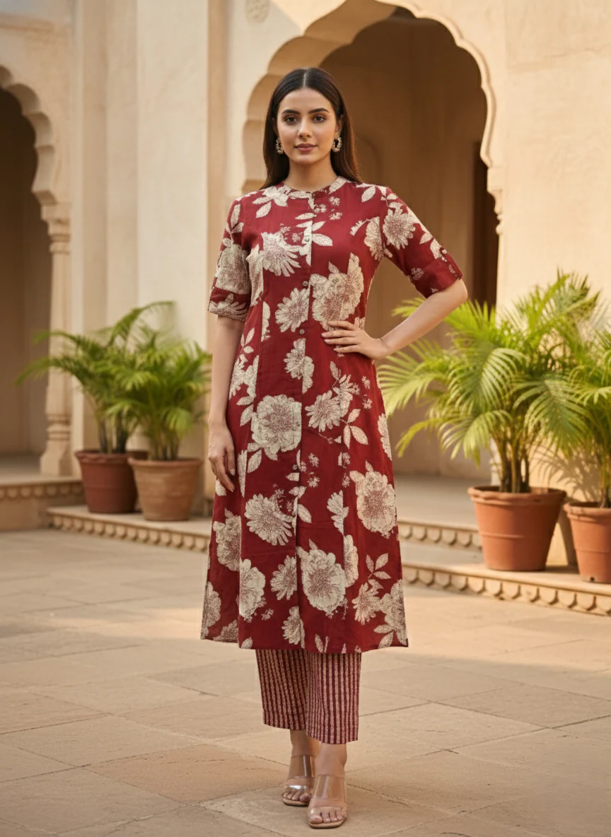 SNEHA SCARLET COTTON KURTA PANT SET - Image 8