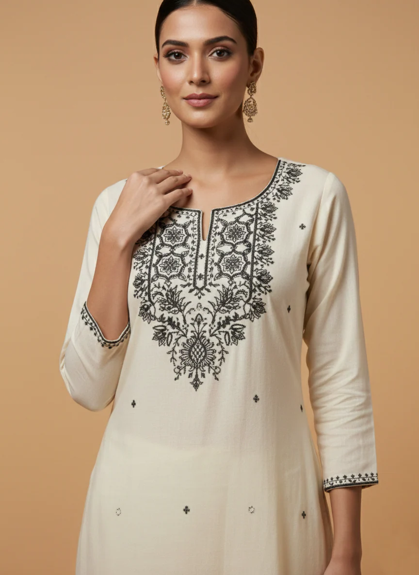 Hardik monochrome embroidery cotton suit set - Image 2