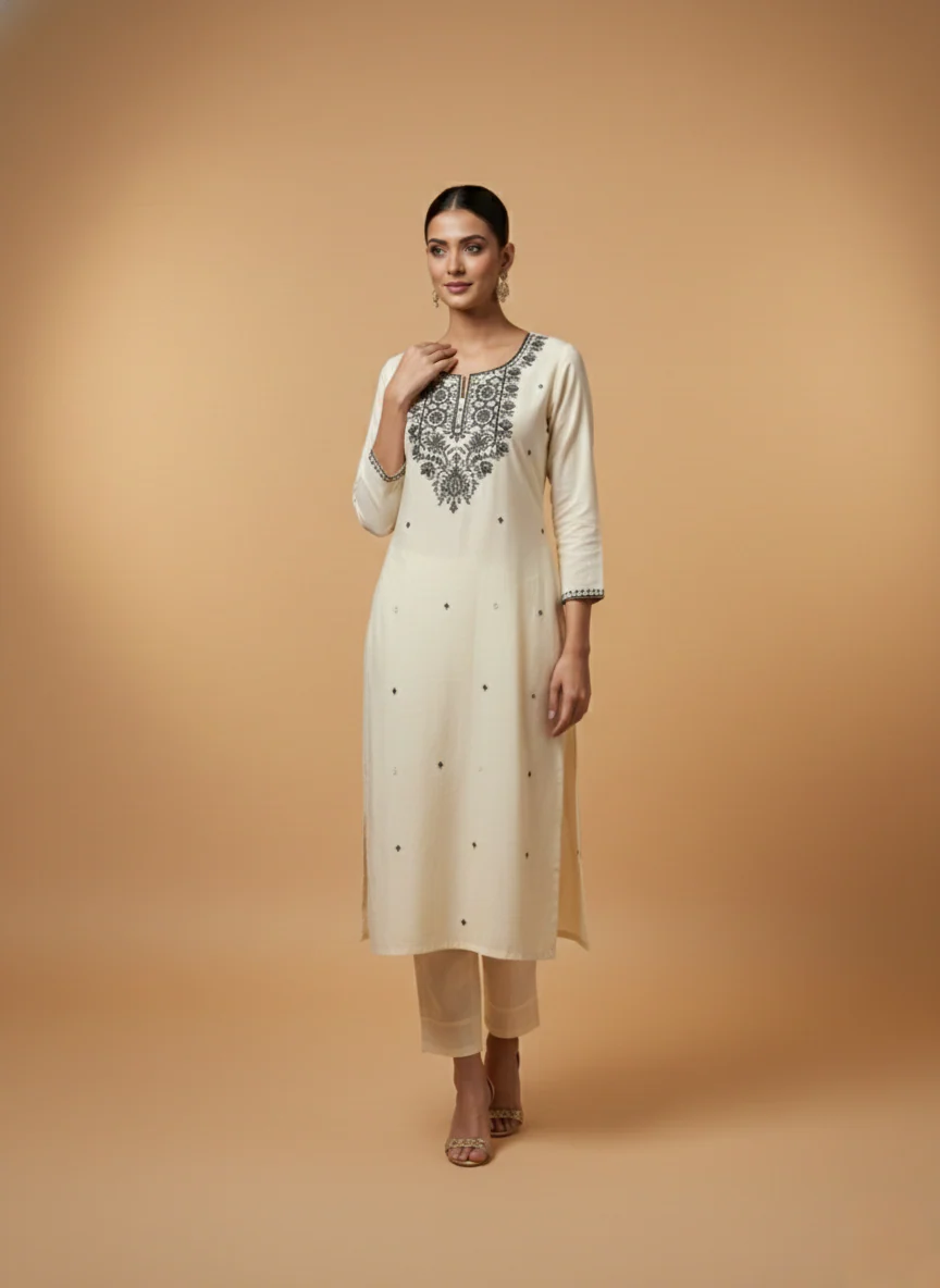 Hardik monochrome embroidery cotton suit set - Image 4
