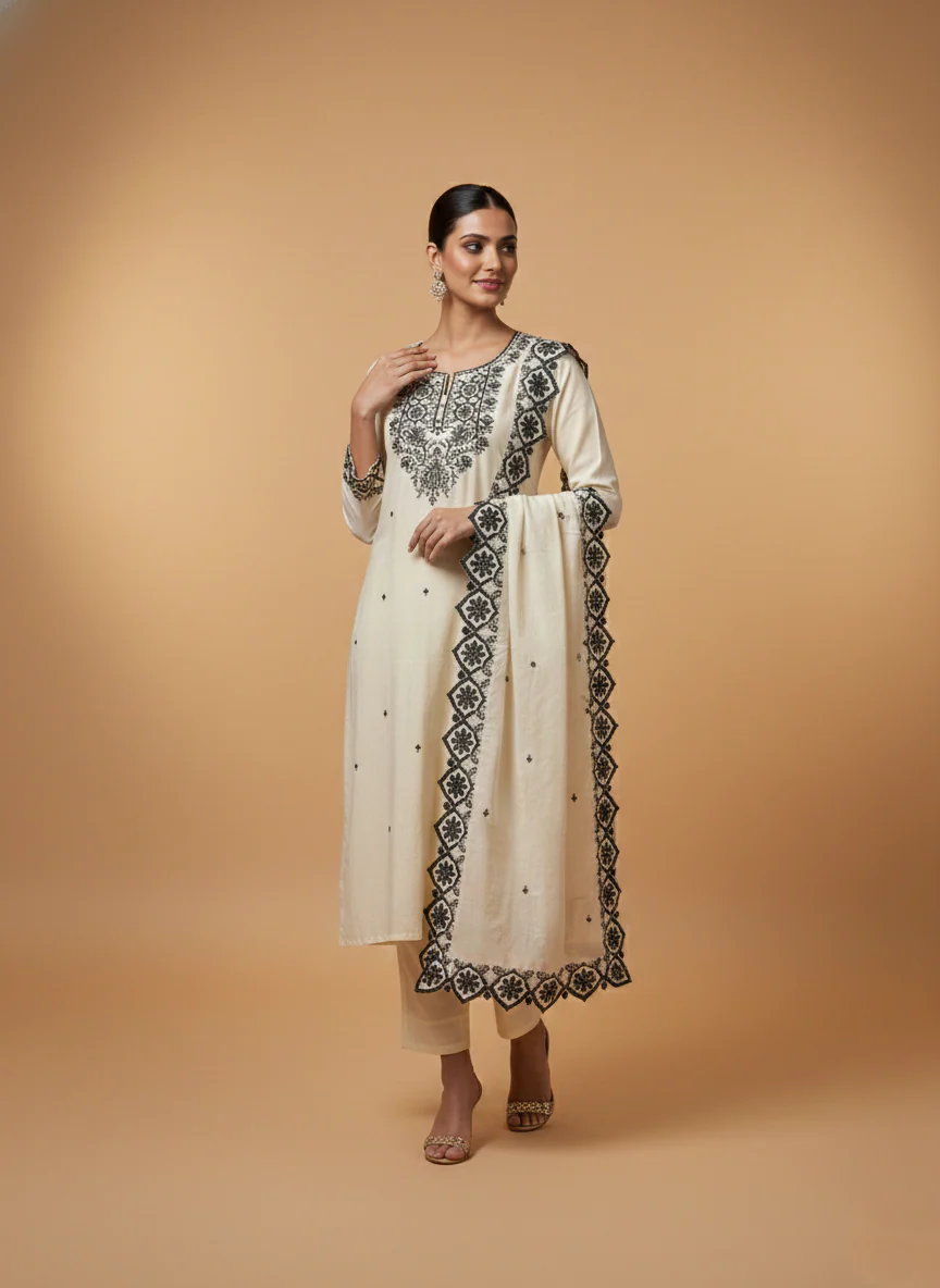 Hardik monochrome embroidery cotton suit set - Image 5