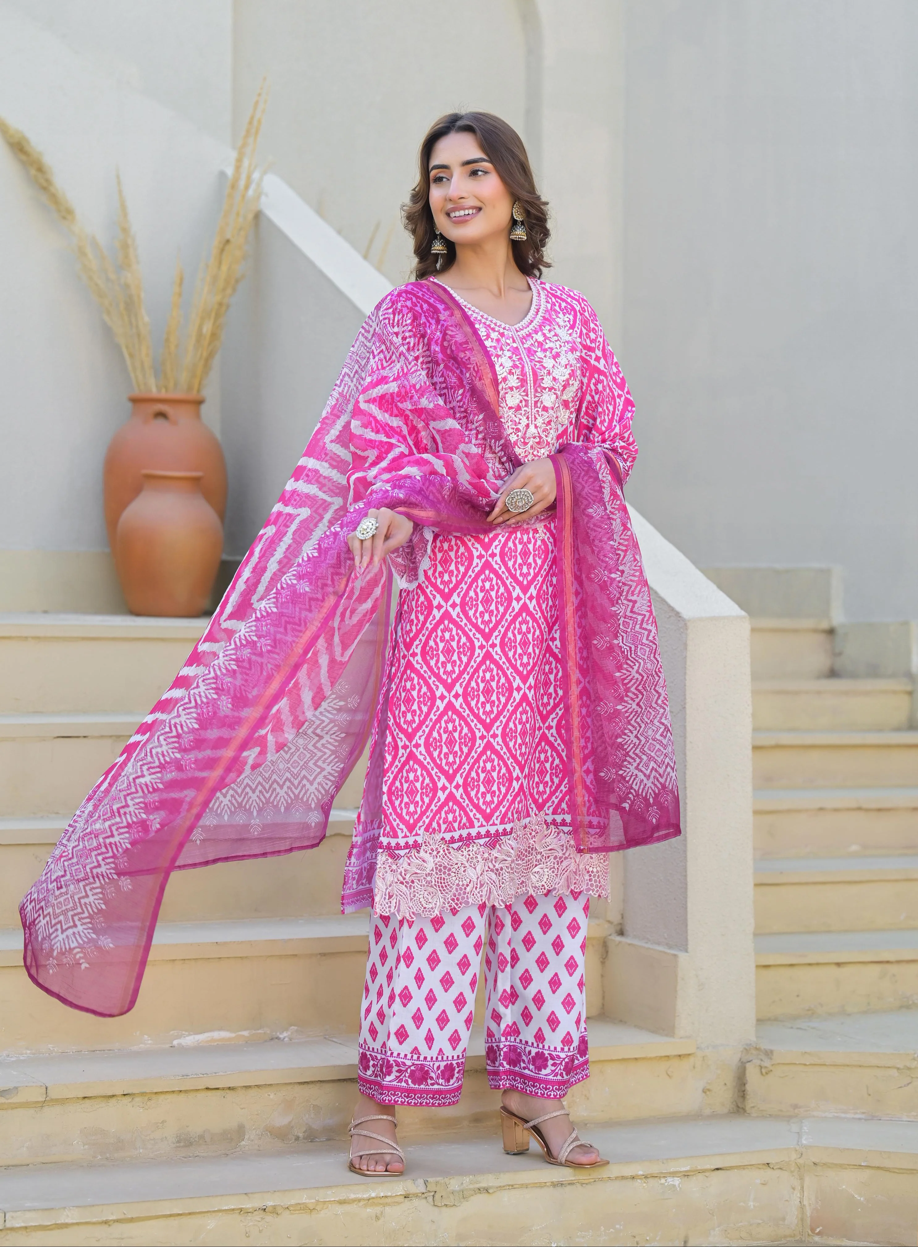 Tridhara Fuschia Cotton Suit Set - Image 4