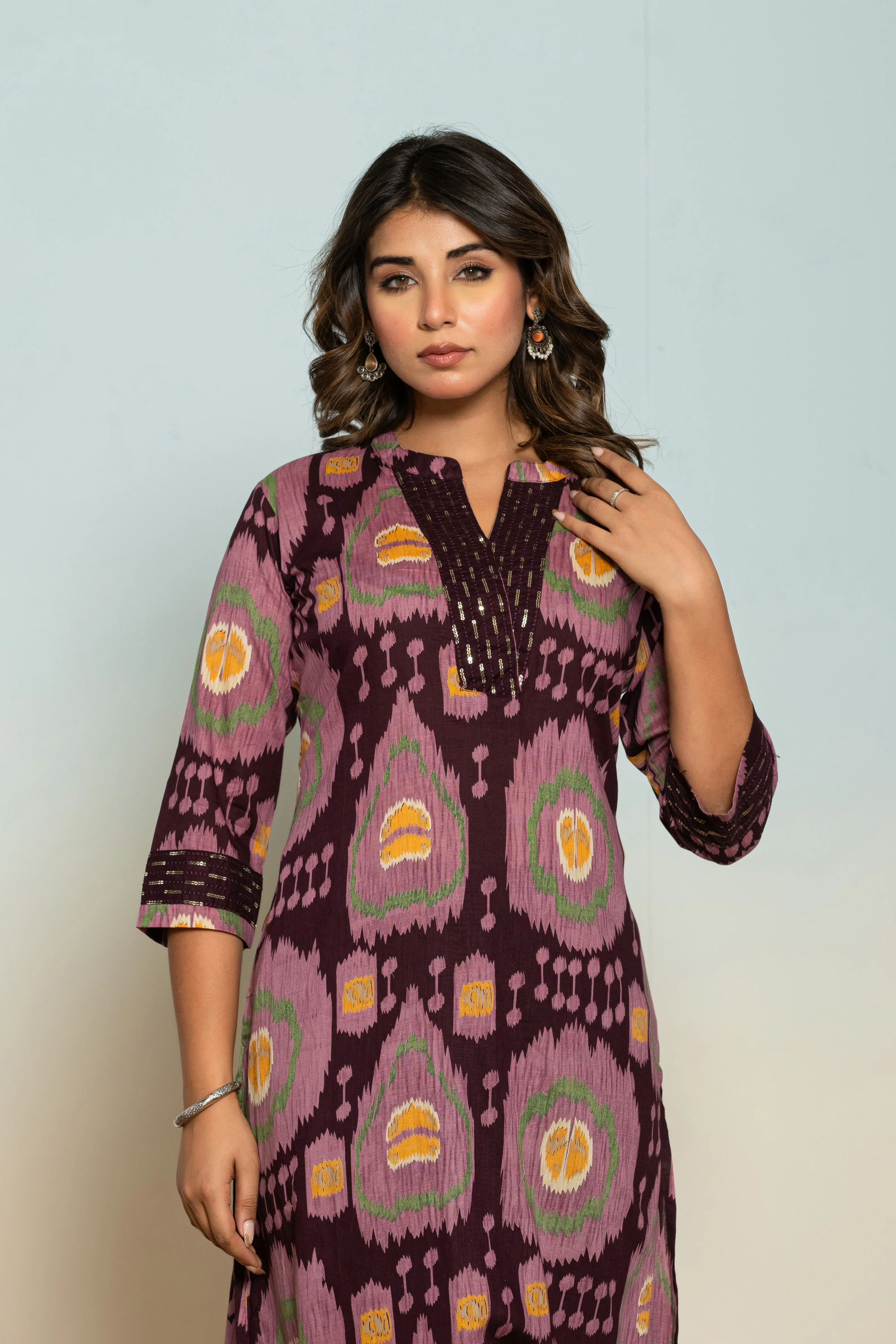 Mika Chestnut Ikat Printed Cotton Kurta Pant Set - Image 2