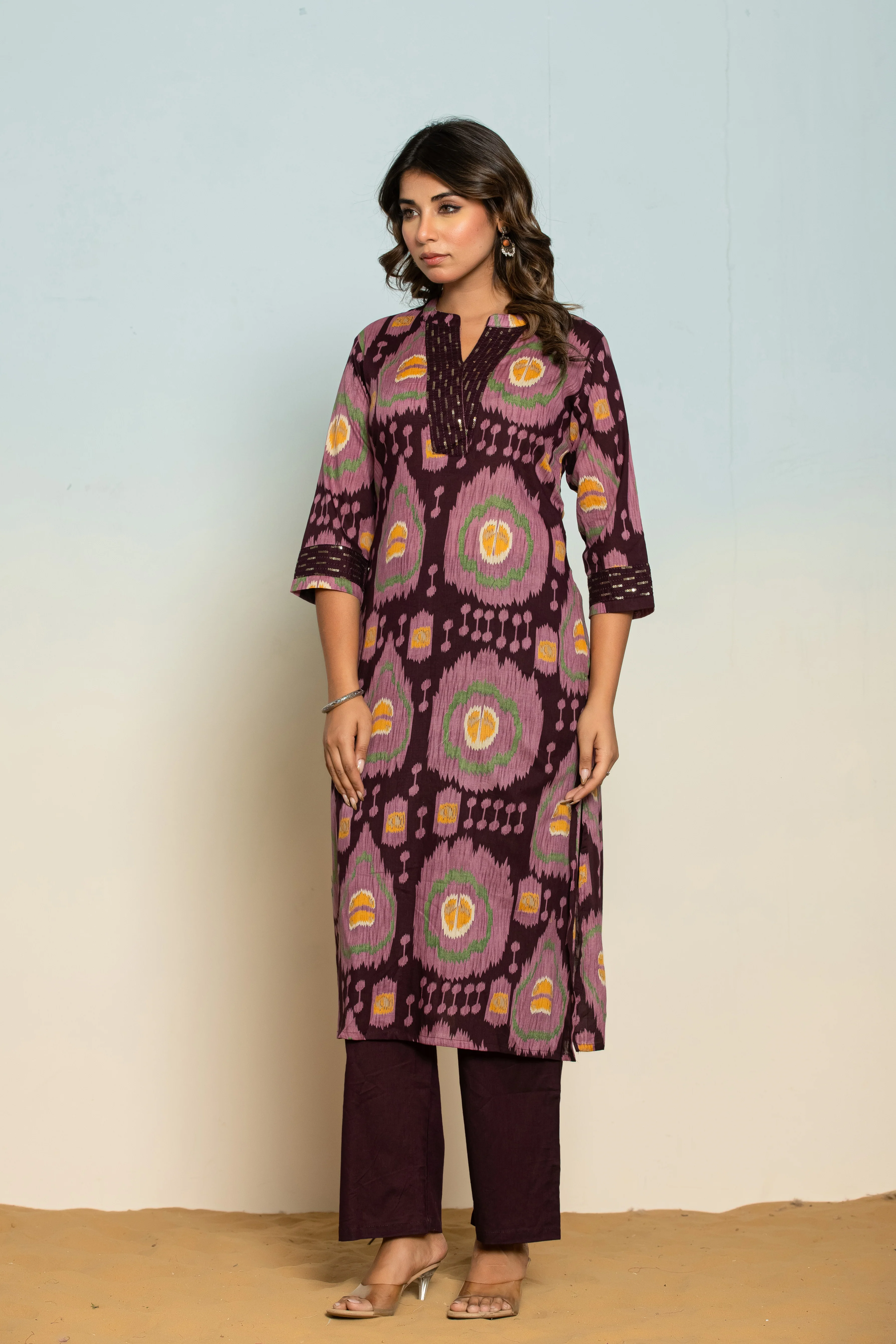 Mika Chestnut Ikat Printed Cotton Kurta Pant Set - Image 3