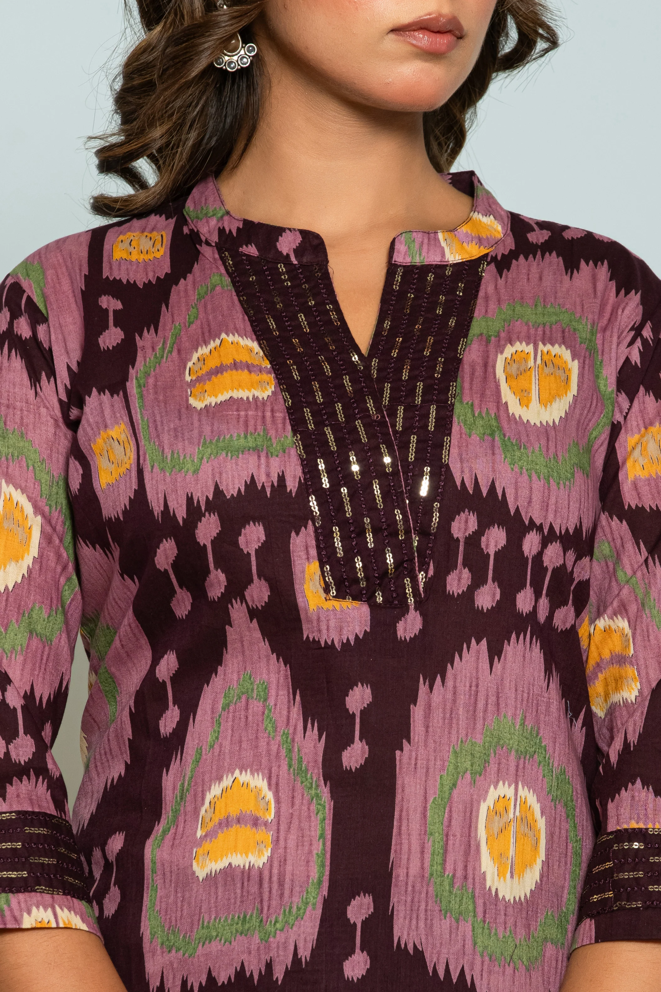 Mika Chestnut Ikat Printed Cotton Kurta Pant Set - Image 4