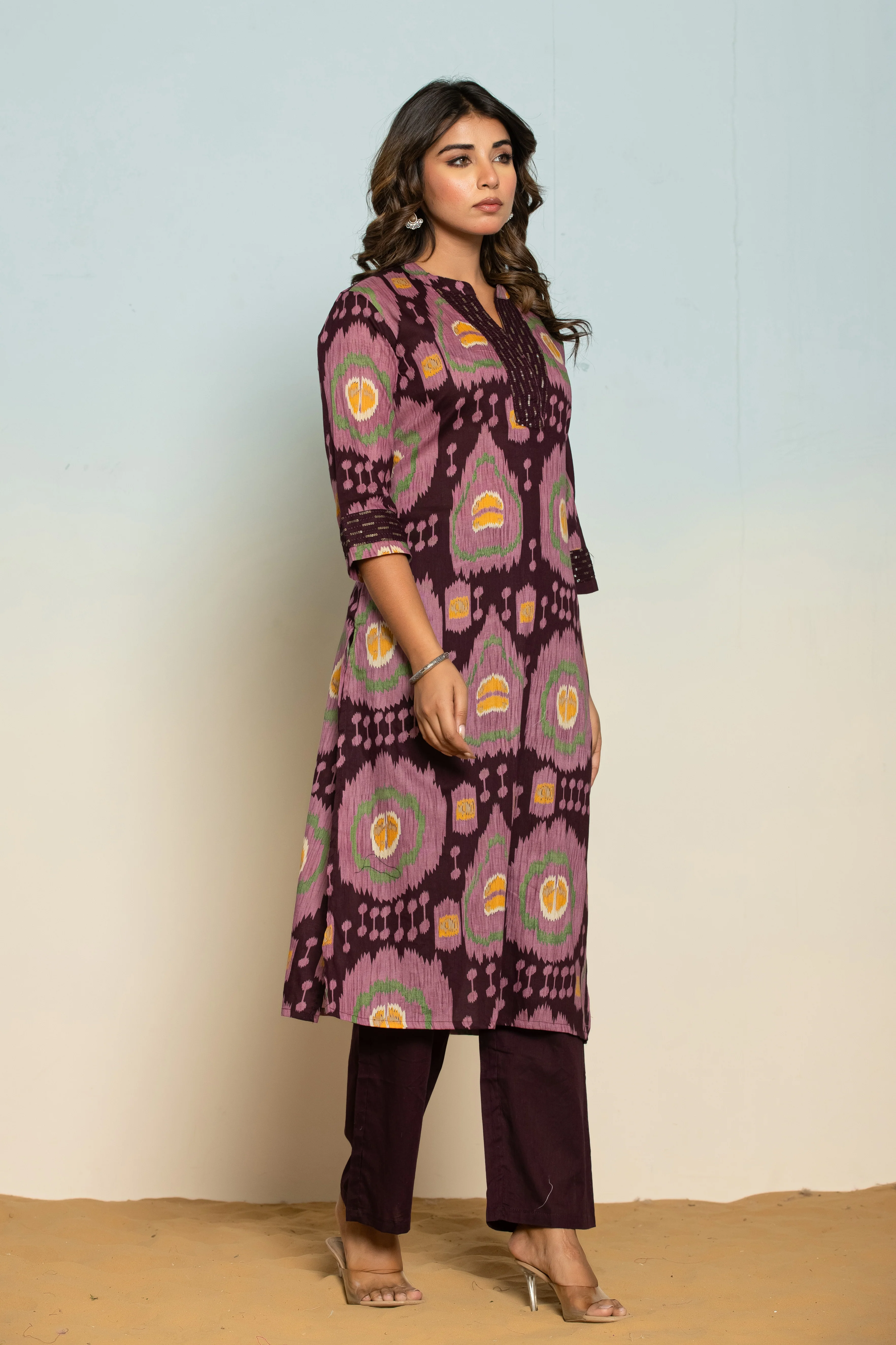 Mika Chestnut Ikat Printed Cotton Kurta Pant Set - Image 5
