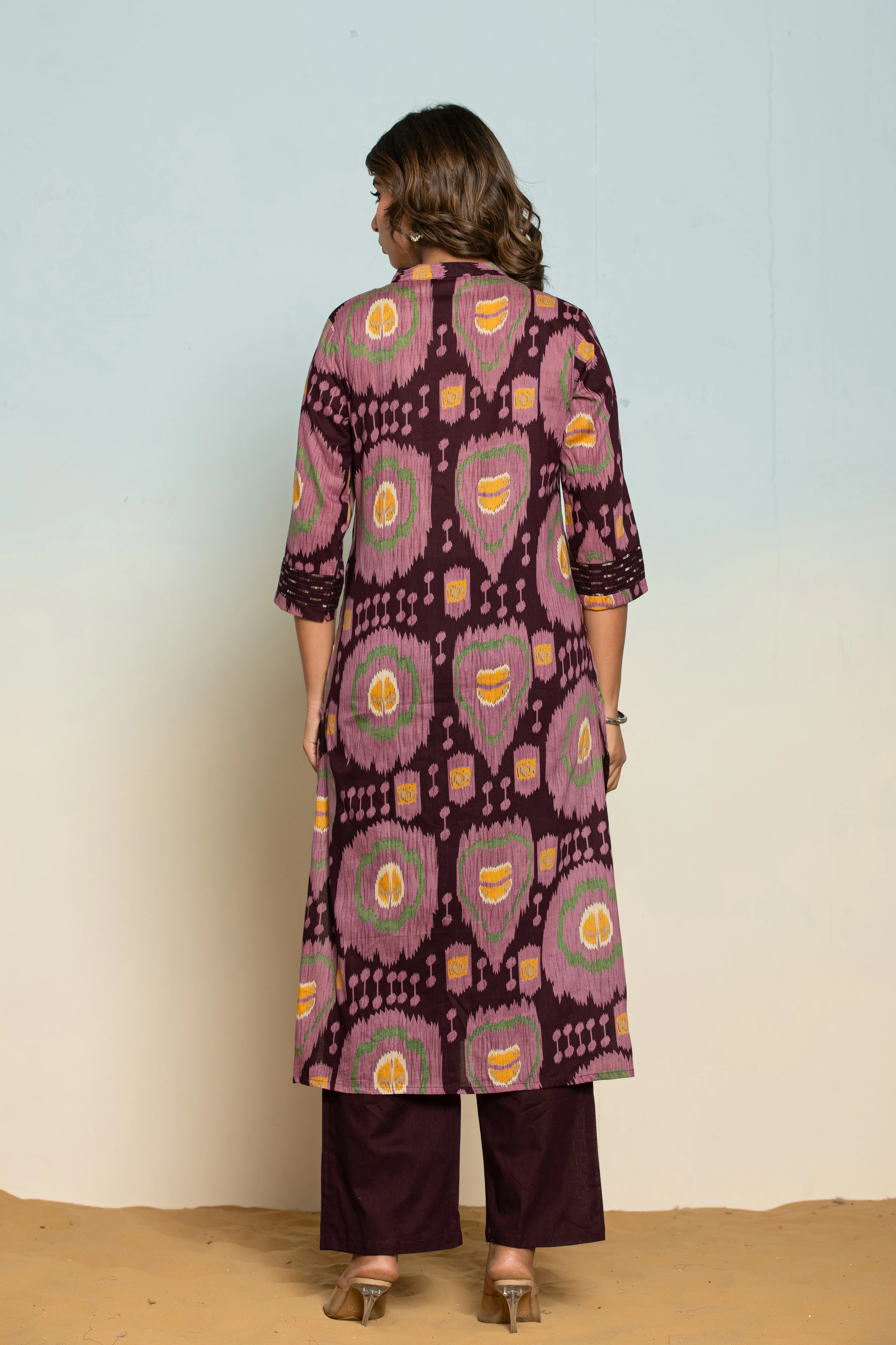 Mika Chestnut Ikat Printed Cotton Kurta Pant Set - Image 6
