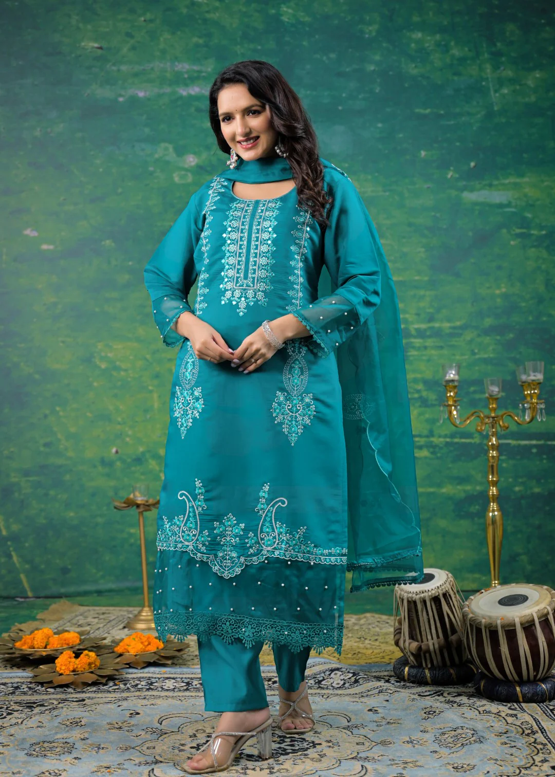Mahi Cyan Embroidered Suit Set - Image 6