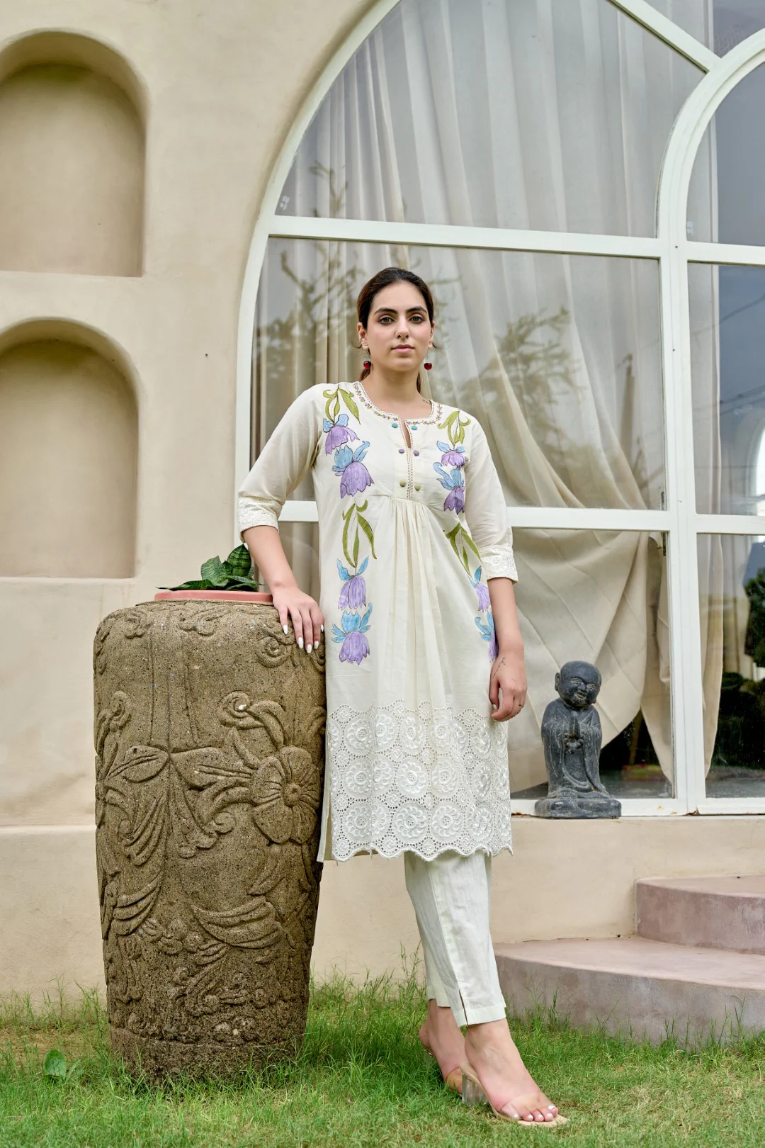 Akira Daisy Embroidery Cotton Kurta Pant Set - Image 8