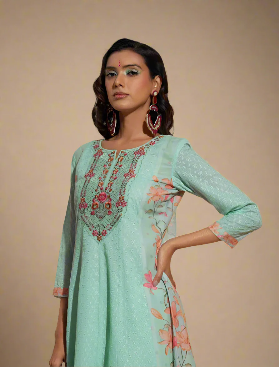 Jaideep Shamrock Schiffli Cotton Suit Set - Image 2