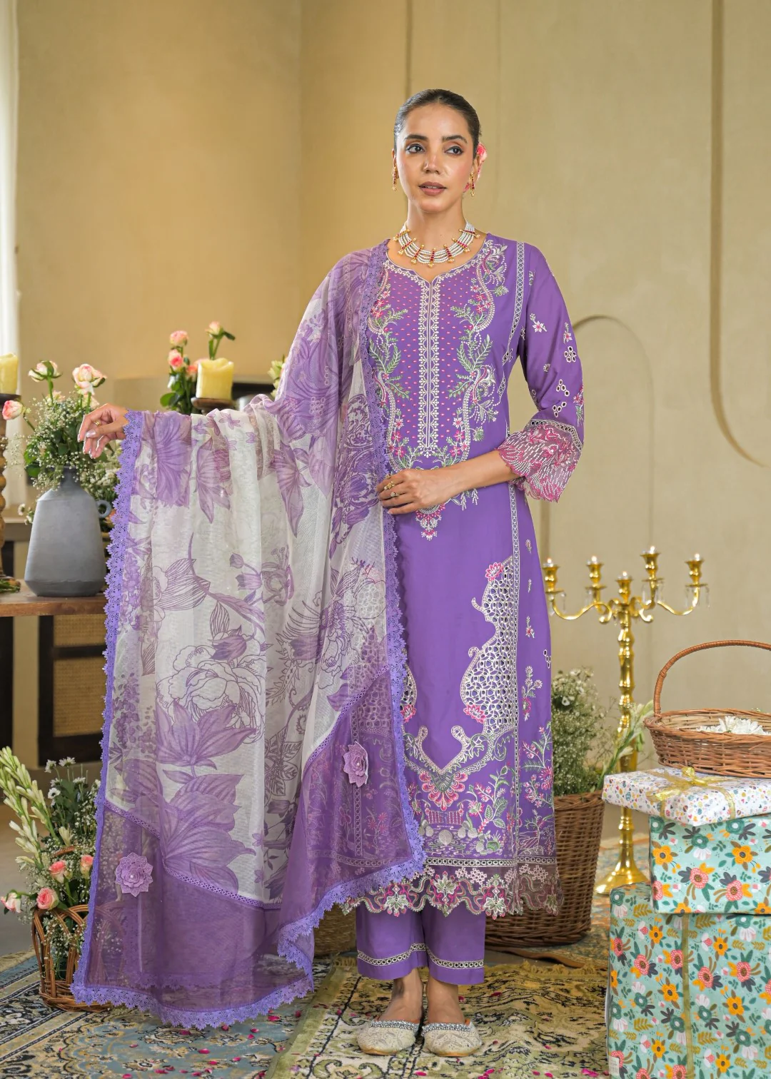 Vastramaya Lavender full embroidery lawn suit set - Image 6