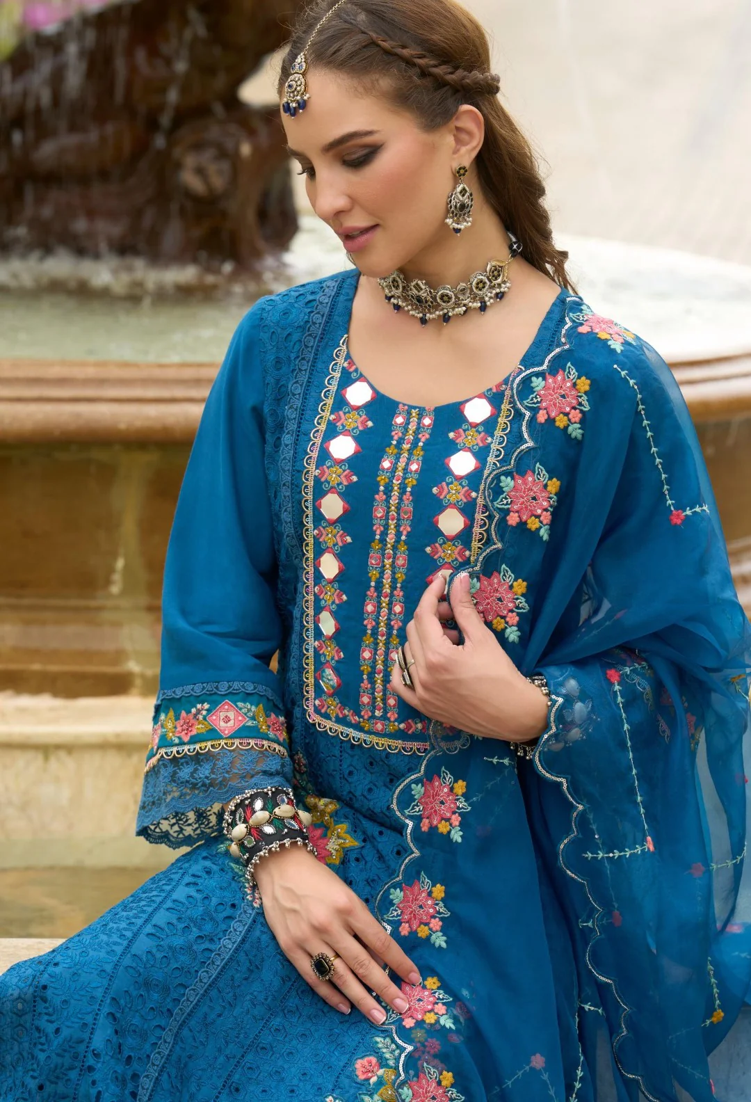 Chandrani Cobalt Schiffli Full Work Suit Set - Image 2