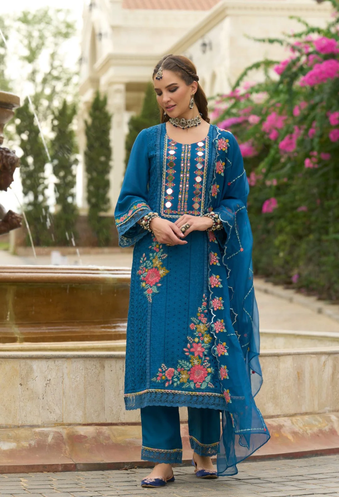 Chandrani Cobalt Schiffli Full Work Suit Set - Image 3