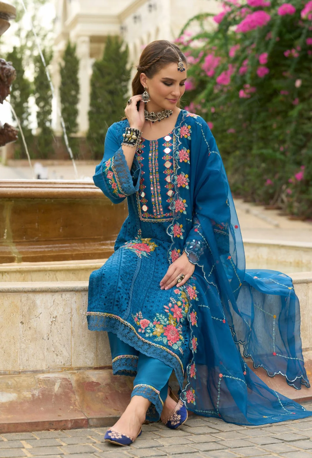 Chandrani Cobalt Schiffli Full Work Suit Set - Image 4