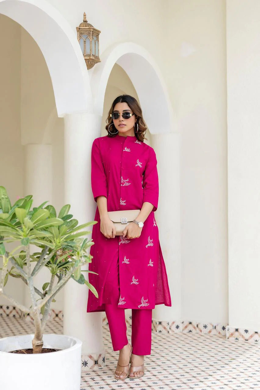 Mokabara Rose Embroidery Cotton Kurta Pant Set - Image 4