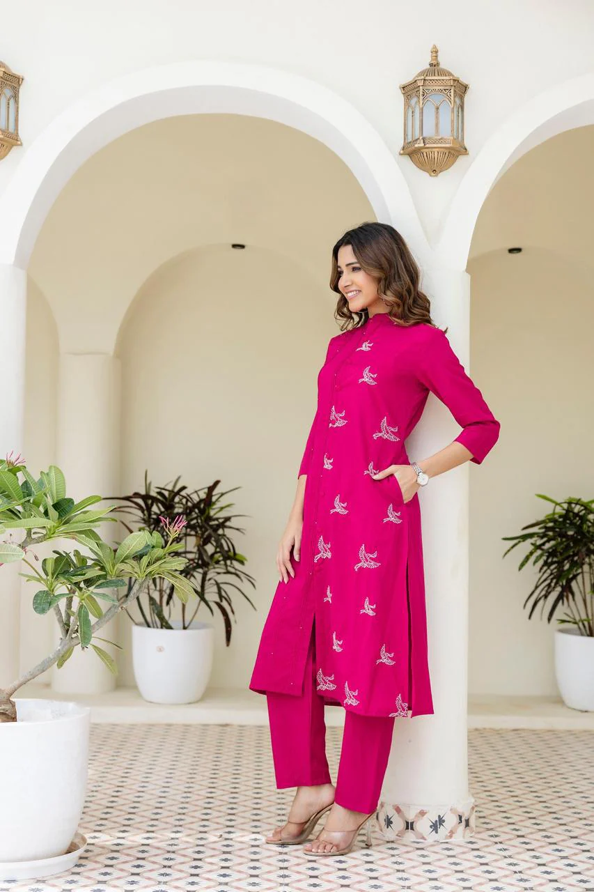 Mokabara Rose Embroidery Cotton Kurta Pant Set - Image 5