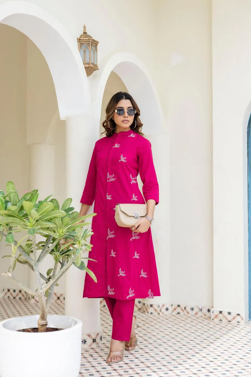 Mokabara Rose Embroidery Cotton Kurta Pant Set - Image 6