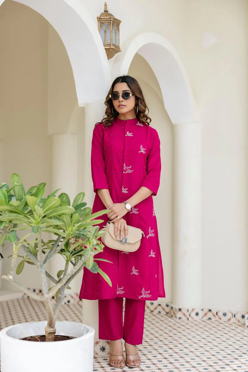 Mokabara Rose Embroidery Cotton Kurta Pant Set - Image 7
