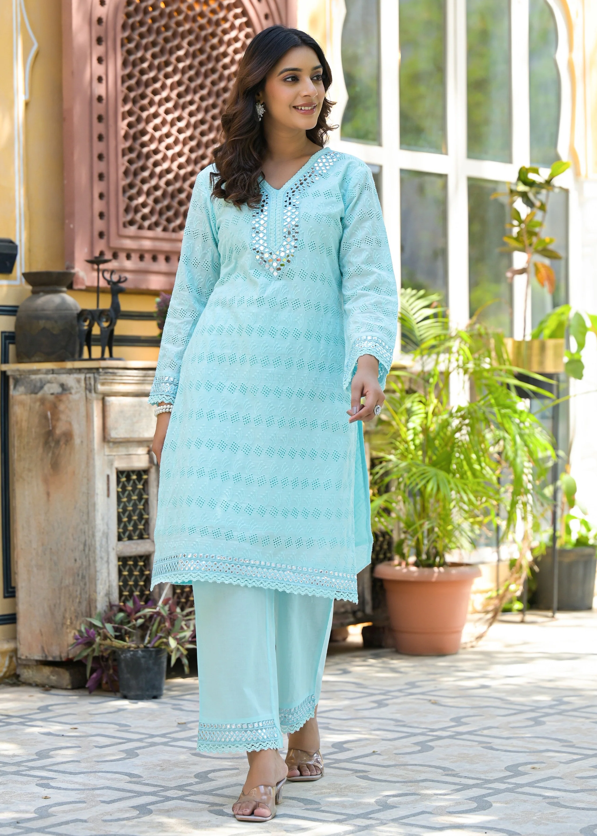 Sanmati Sky Cotton Mirror Schiffli Co-ord Set - Image 3