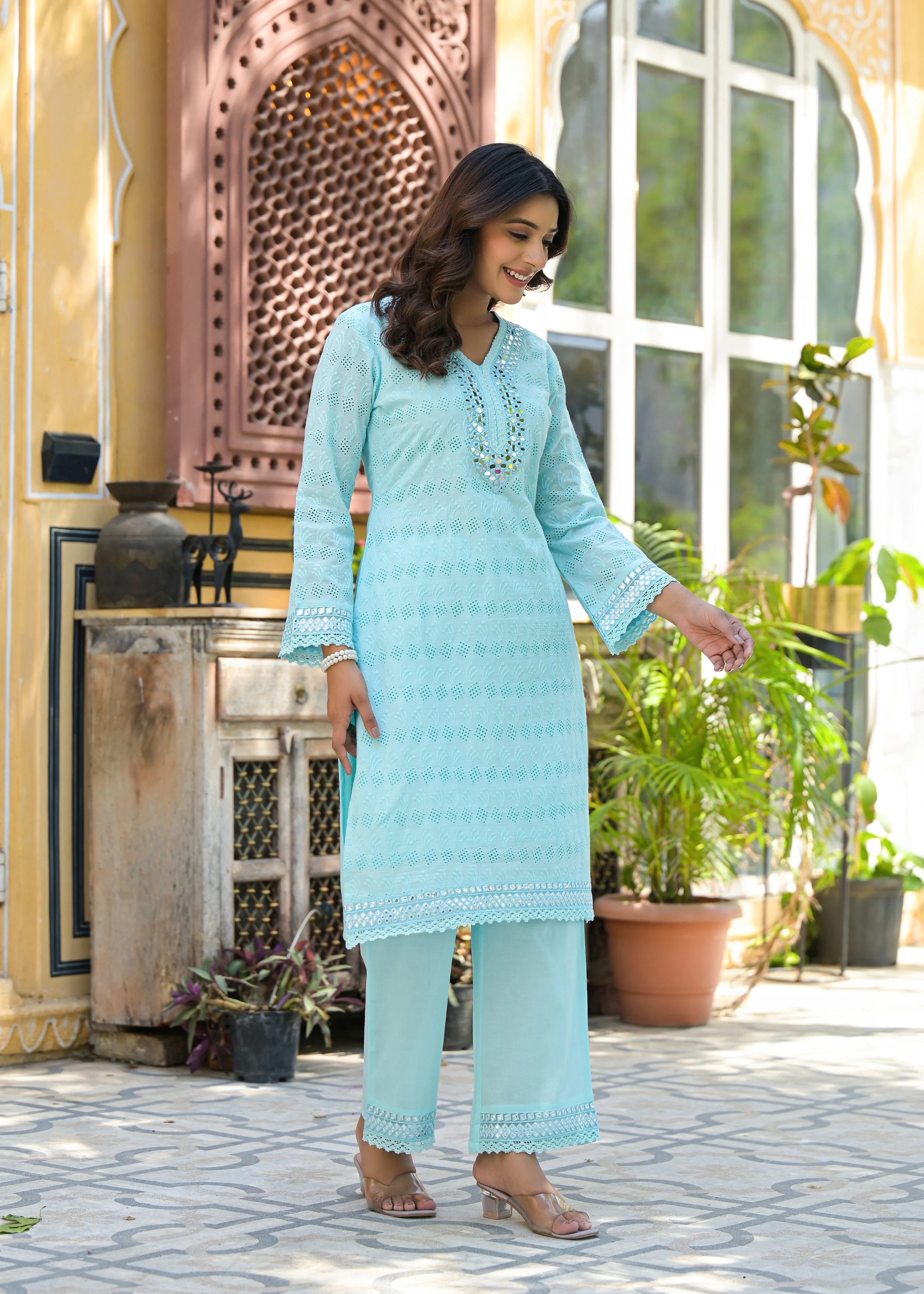 Sanmati Sky Cotton Mirror Schiffli Co-ord Set - Image 4