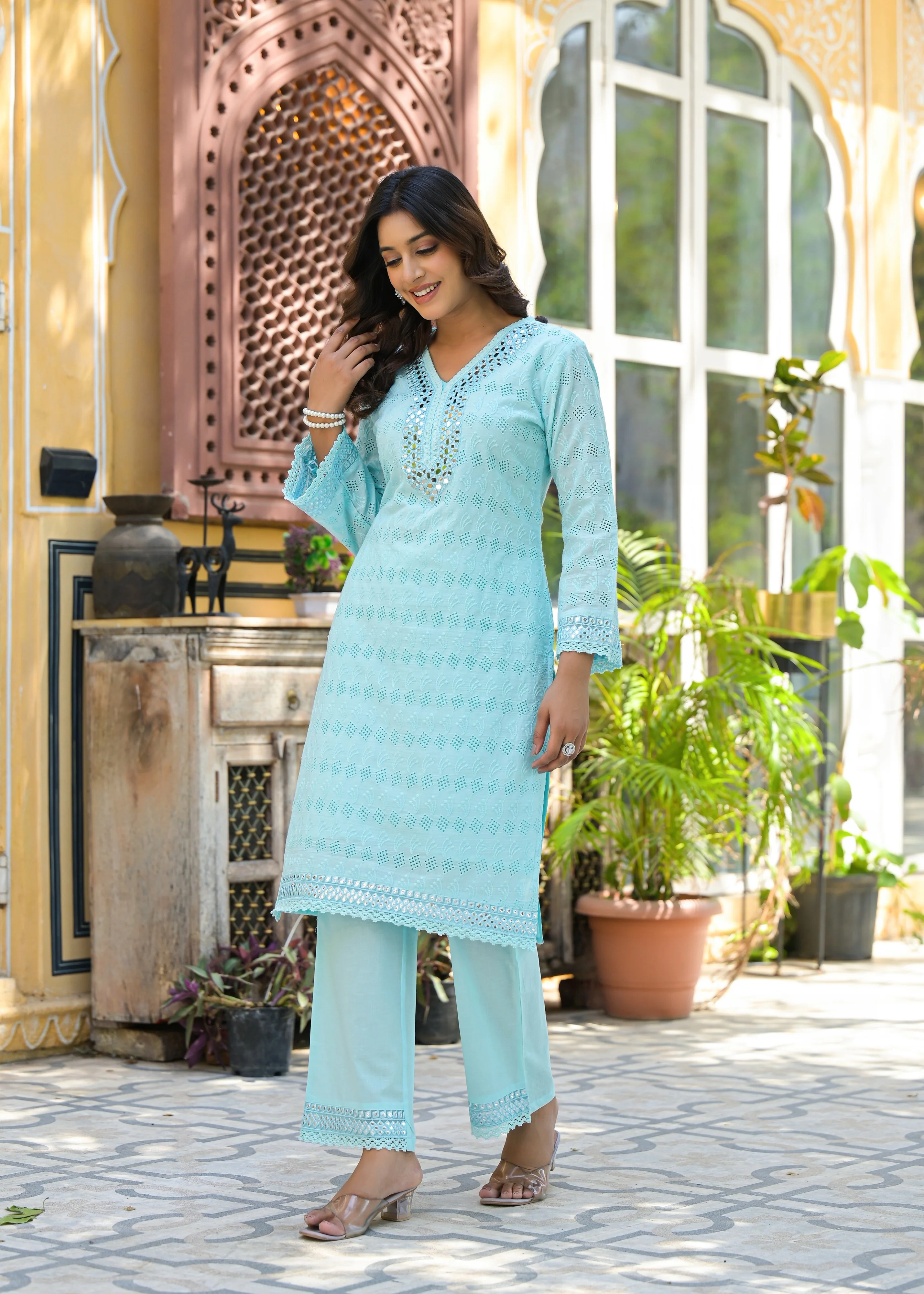 Sanmati Sky Cotton Mirror Schiffli Co-ord Set - Image 5